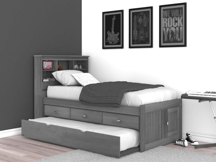 Addison Grey Twin Captains Bed with Bookcase Headboard Custom Kids Furniture